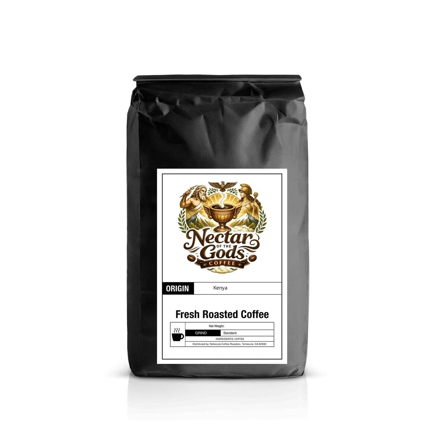 Black coffee bag with Nectar Gods Coffee label on a white background