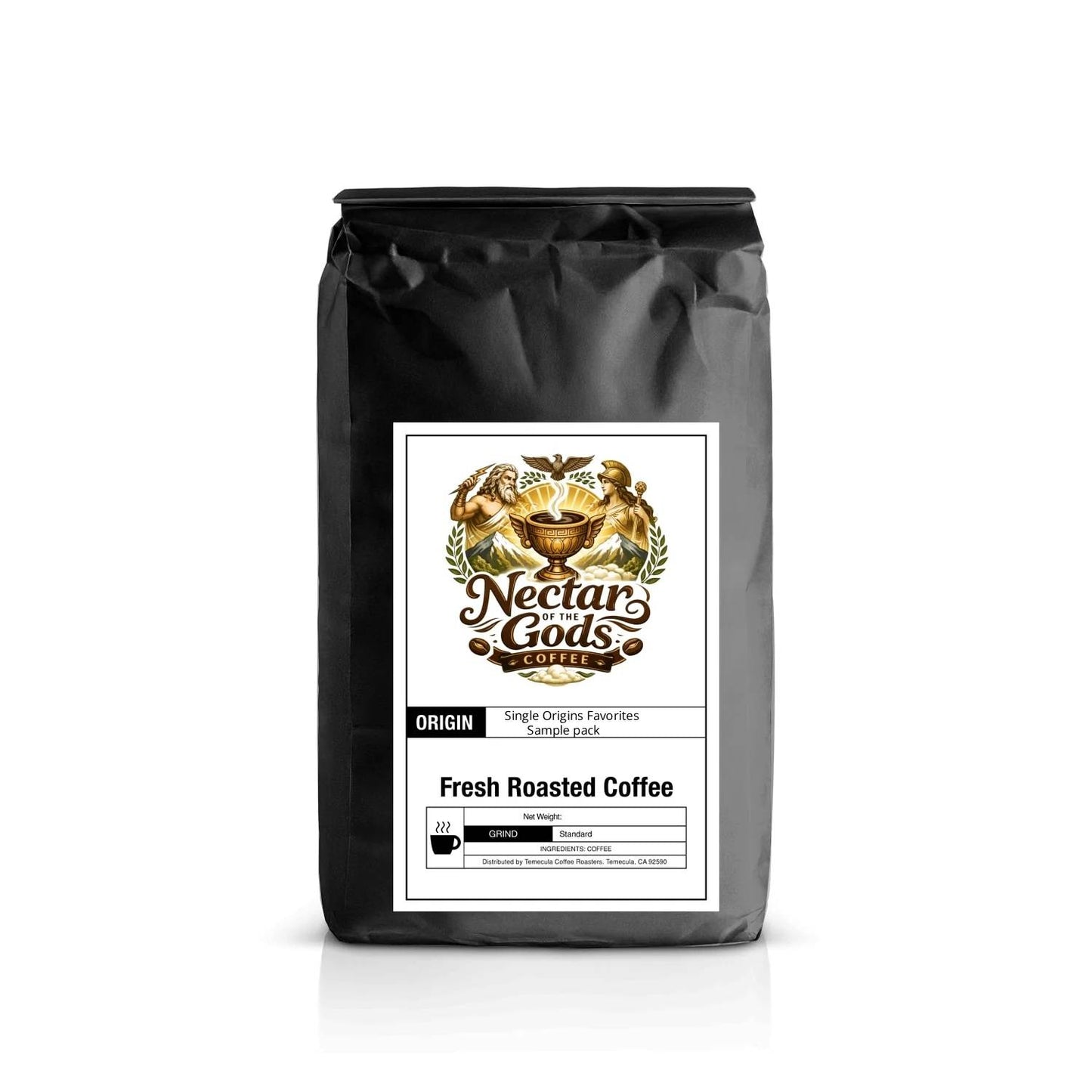 Black coffee bag with 'Nectar of the Gods'  and single origins favorites sample pack label on a white background