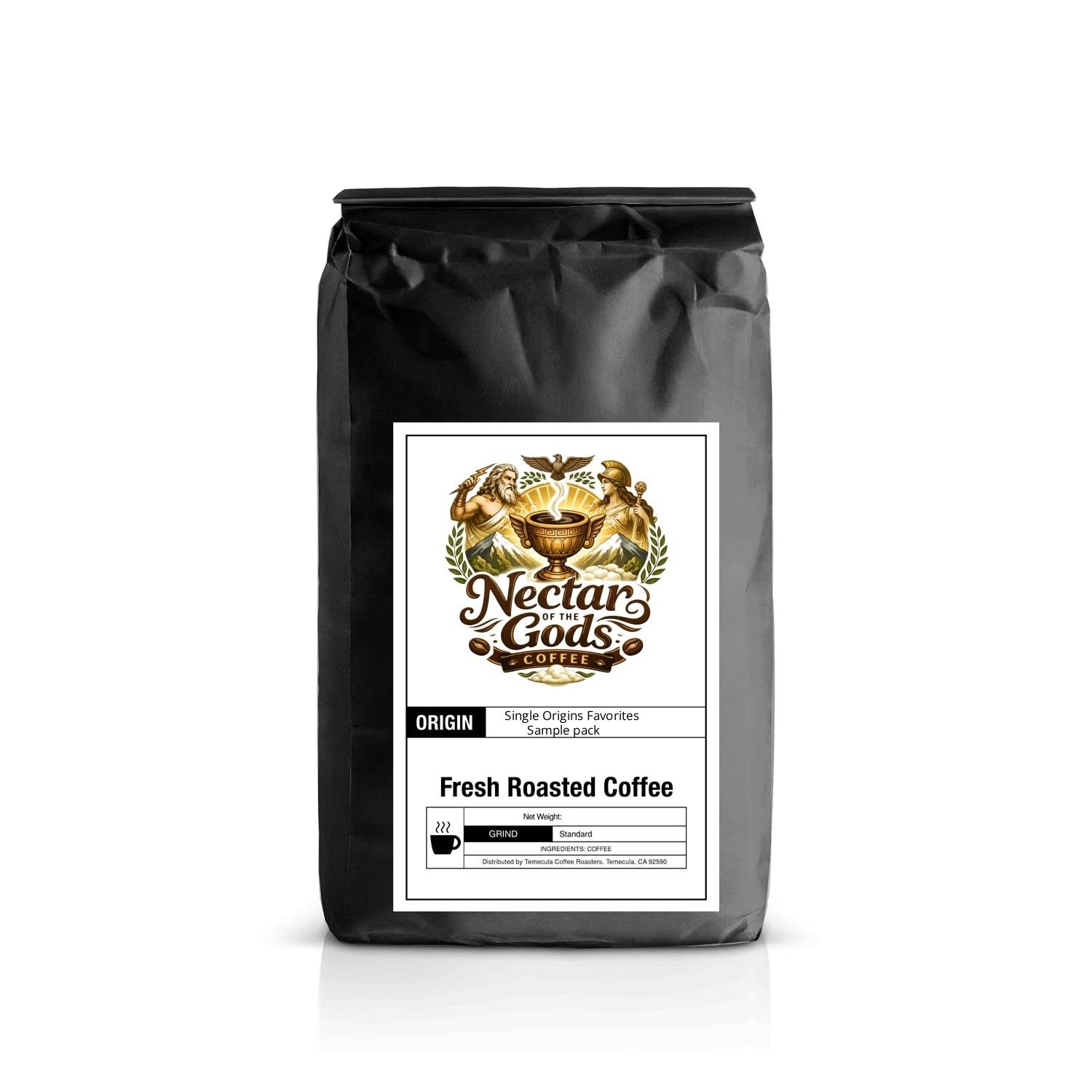 Black coffee bag with 'Nectar of the Gods'  and single origins favorites sample pack label on a white background