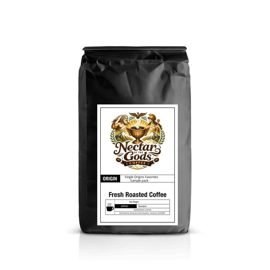 Black coffee bag with 'Nectar of the Gods'  and single origins favorites sample pack label on a white background
