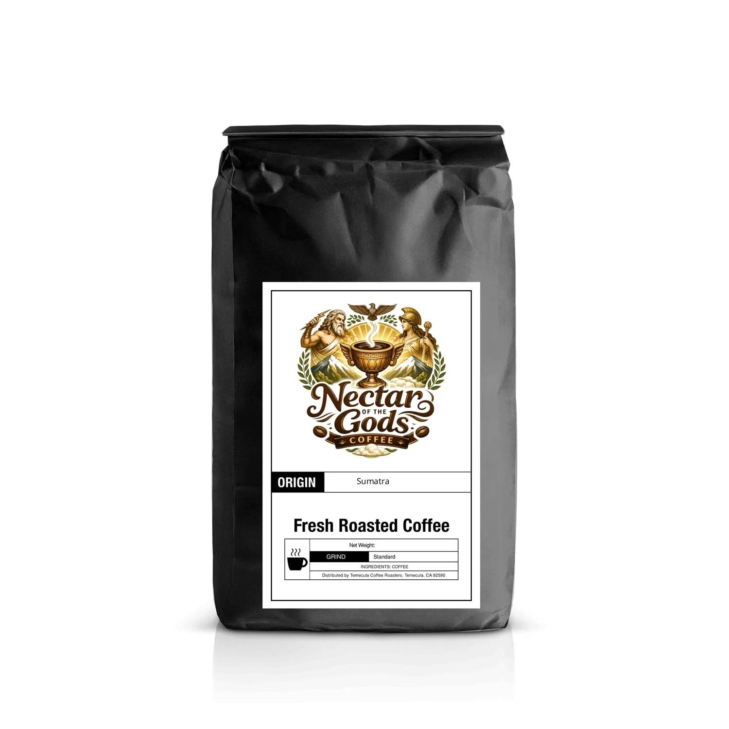 Black coffee bag with Nectar Gods Coffee label on a white background