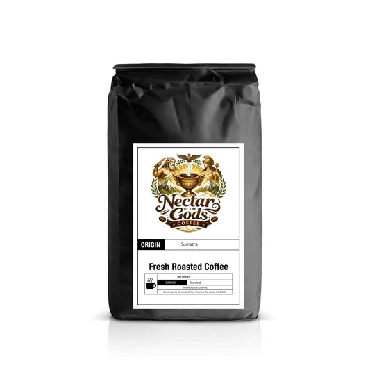 Black coffee bag with Nectar Gods Coffee label on a white background